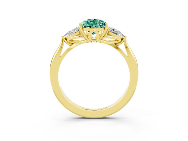 Yellow gold Three-Stone Pear Cut Green Sapphire Ring with Pear  Side Stones in Four-Prong Setting