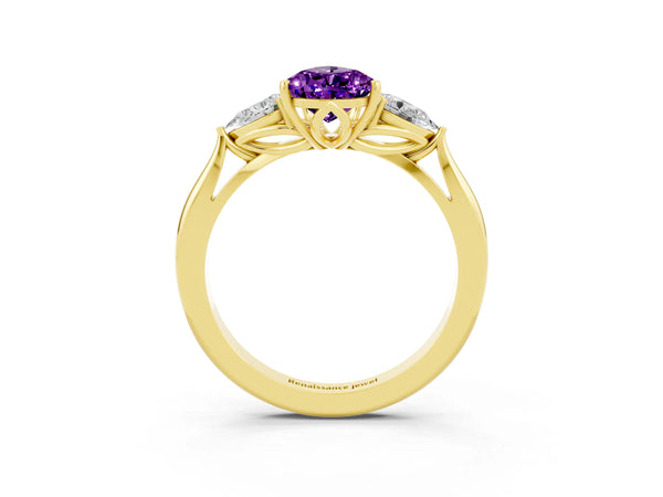 Yellow gold Three-Stone Pear Cut Amethyst Ring with Pear  Side Stones in Four-Prong Setting