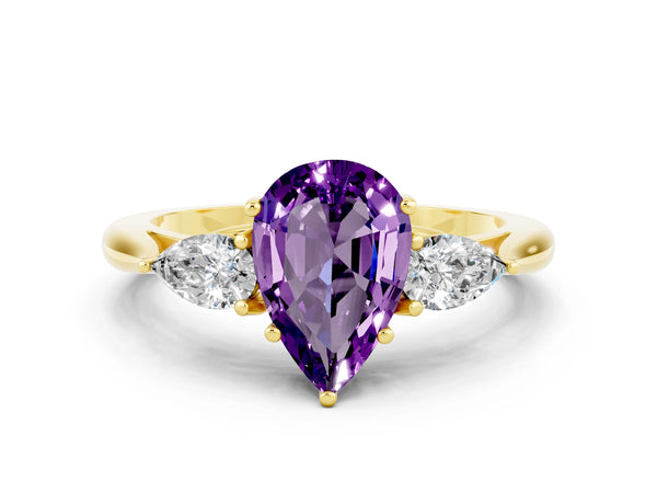 Yellow gold Three-Stone Pear Cut Amethyst Ring with Pear  Side Stones in Four-Prong Setting