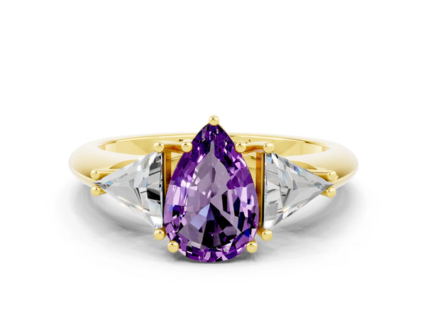 Yellow gold Three-Stone Pear Cut Amethyst Engagement Ring with Trillion Side Stones and Prong Setting