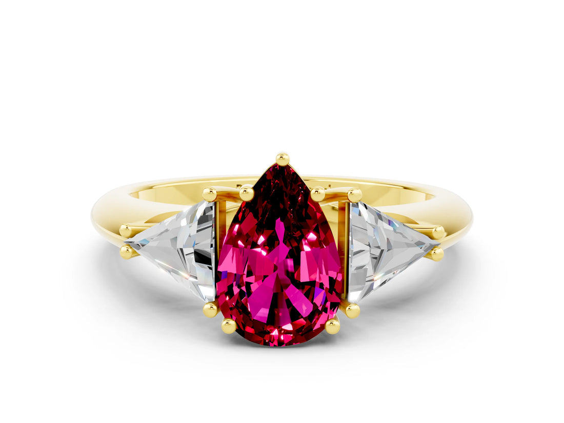 Yellow gold Three-Stone Pear Cut Cut Diamond Ring with Trillion Side Stones and Four-Prong Setting