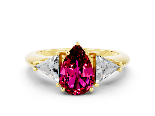 Yellow gold Three-Stone Pear Cut Garnet Engagement Ring with Trillion Side Stones and Prong Setting
