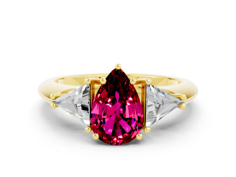 Yellow gold Three-Stone Pear Cut Cut Diamond Ring with Trillion Side Stones and Four-Prong Setting