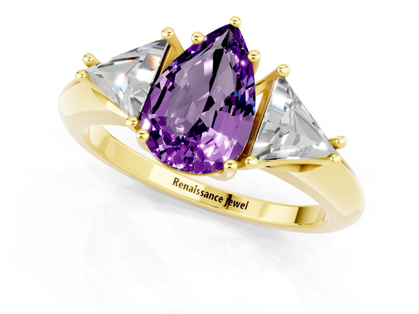 Yellow gold Three-Stone Pear Cut Amethyst Engagement Ring with Trillion Side Stones and Prong Setting