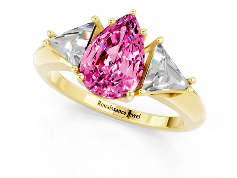 Yellow gold Three-Stone Pear Cut Cut Diamond Ring with Trillion Side Stones and Four-Prong Setting_1