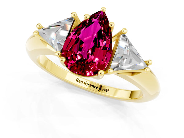 Yellow gold Three-Stone Pear Cut Garnet Engagement Ring with Trillion Side Stones and Prong Setting