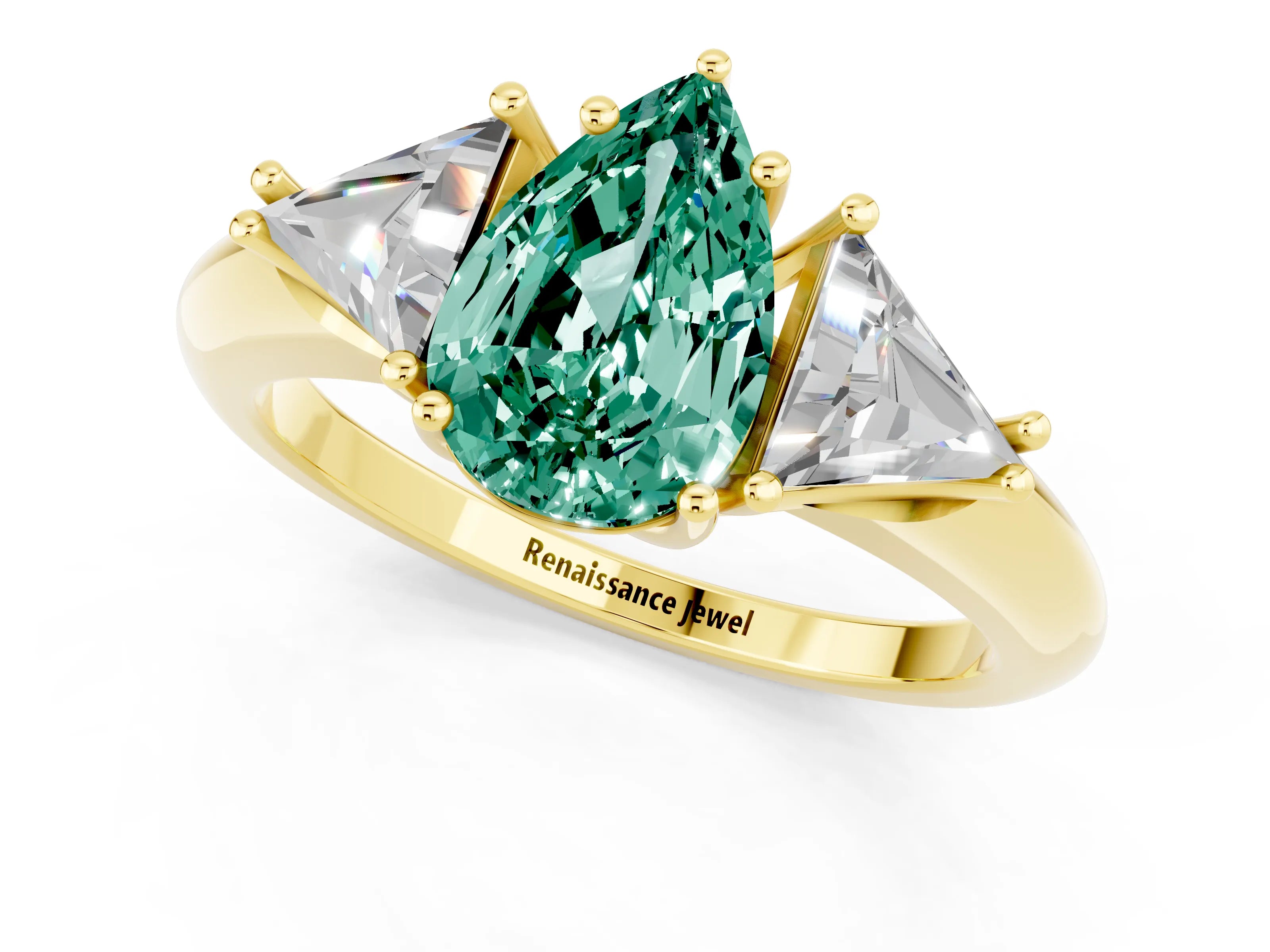 Yellow gold Three-Stone Pear Cut Cut Diamond Ring with Trillion Side Stones and Four-Prong Setting_1