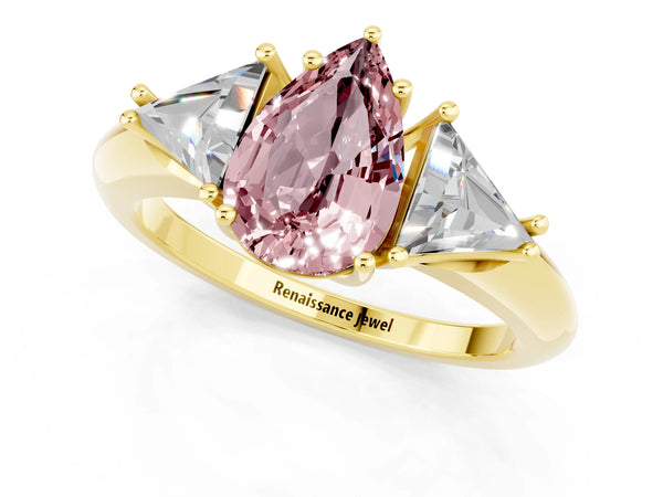 Yellow gold Three-Stone Pear Cut Cut Diamond Ring with Trillion Side Stones and Four-Prong Setting