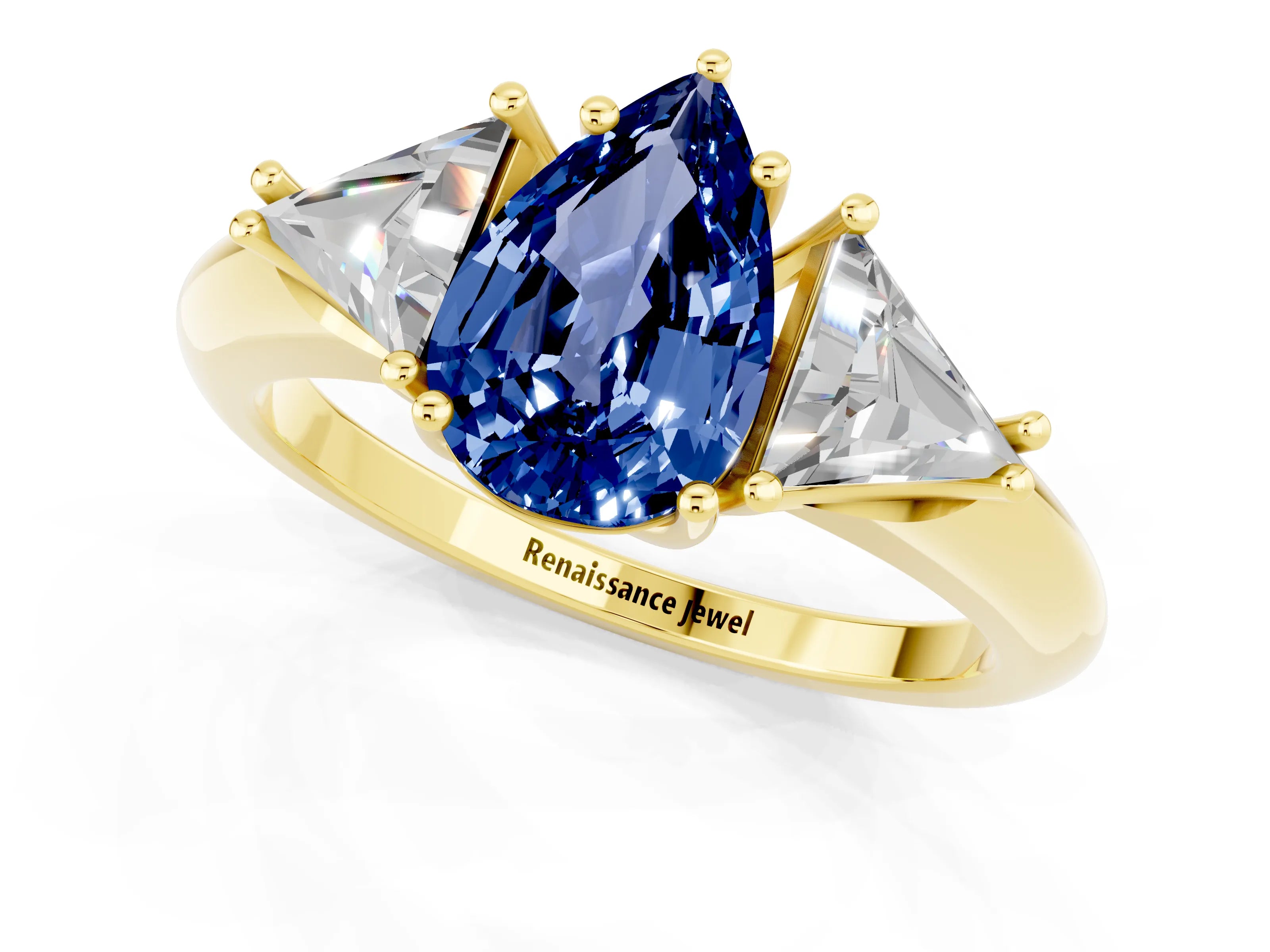 Yellow gold Three-Stone Pear Cut Cut Diamond Ring with Trillion Side Stones and Four-Prong Setting_1