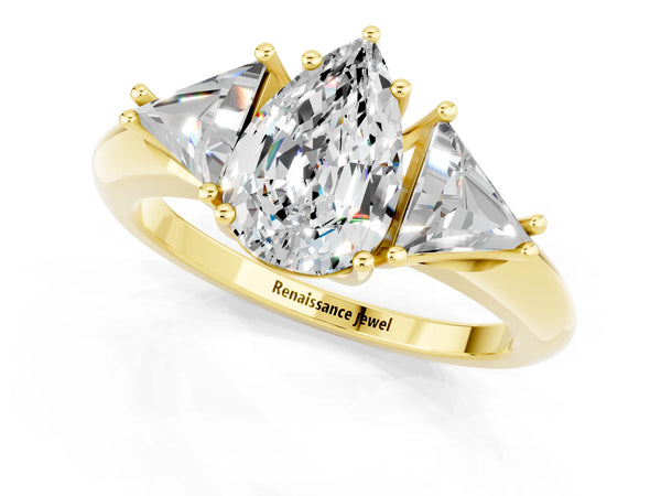 Yellow gold Three-Stone Pear Cut Moissanite Engagement Ring with Trillion Side Stones and Prong Setting