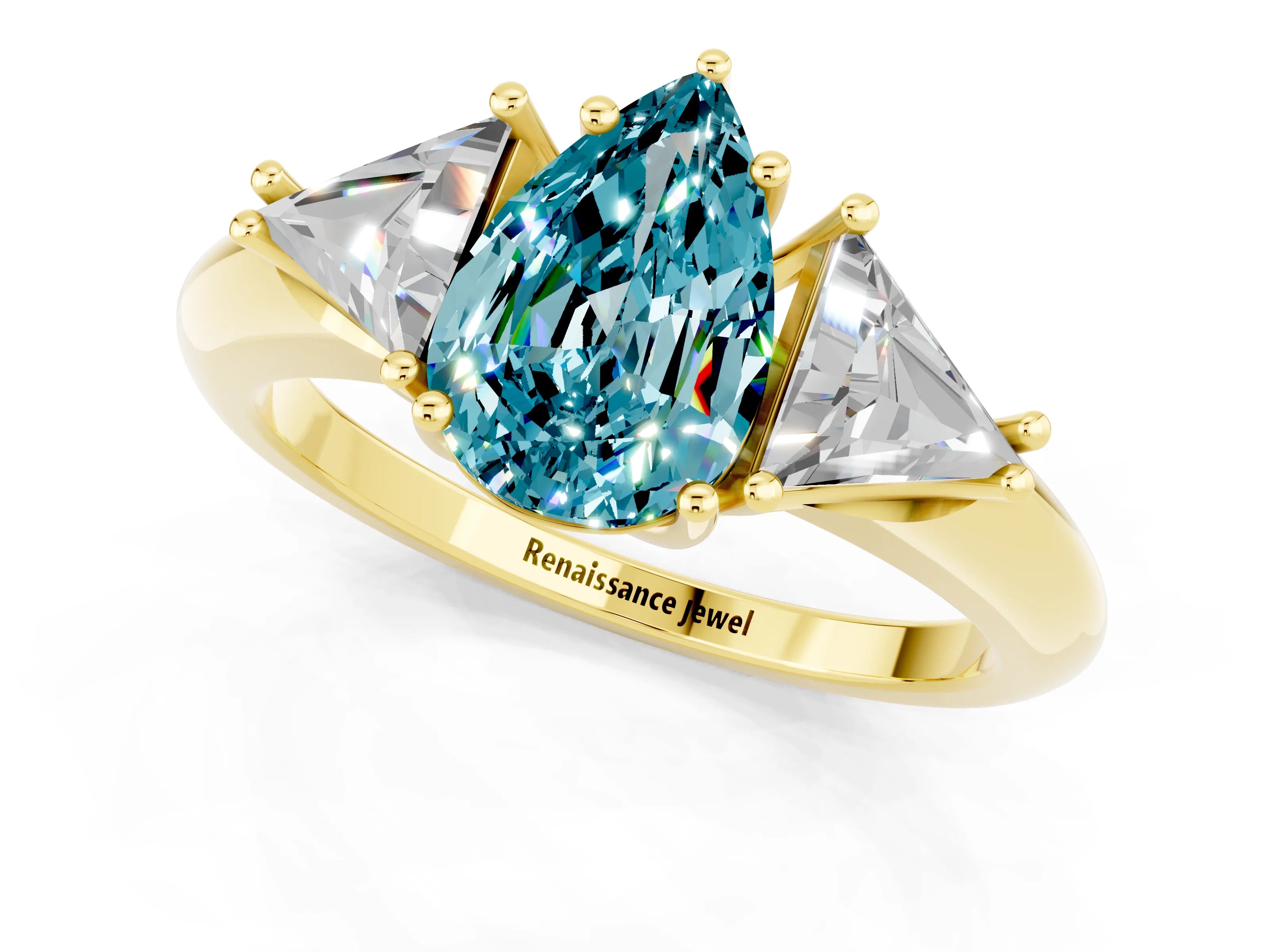 Yellow gold Three-Stone Pear Cut Cut Diamond Ring with Trillion Side Stones and Four-Prong Setting_1
