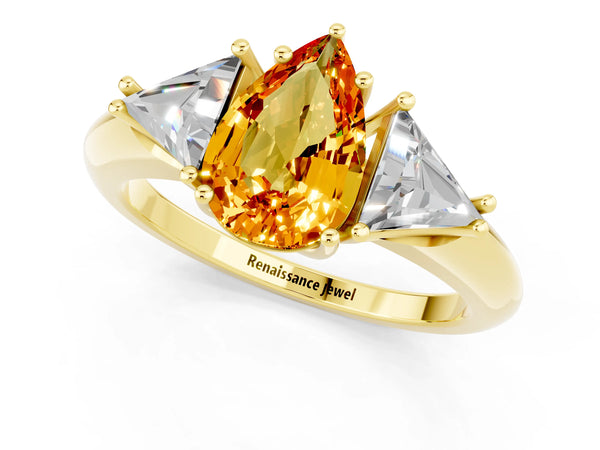 Yellow gold Three-Stone Pear Cut Citrine Engagement Ring with Trillion Side Stones and Prong Setting