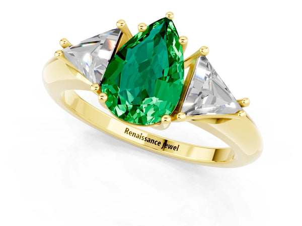 Yellow gold Three-Stone Pear Cut Emerald Engagement Ring with Trillion Side Stones and Prong Setting
