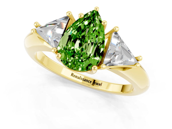 Yellow gold Three-Stone Pear Cut Cut Diamond Ring with Trillion Side Stones and Four-Prong Setting