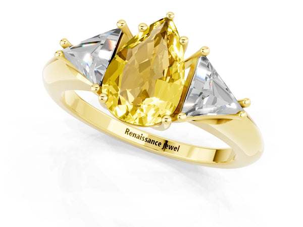 Yellow gold Three-Stone Pear Cut Yellow Sapphire Engagement Ring with Trillion Side Stones and Prong Setting