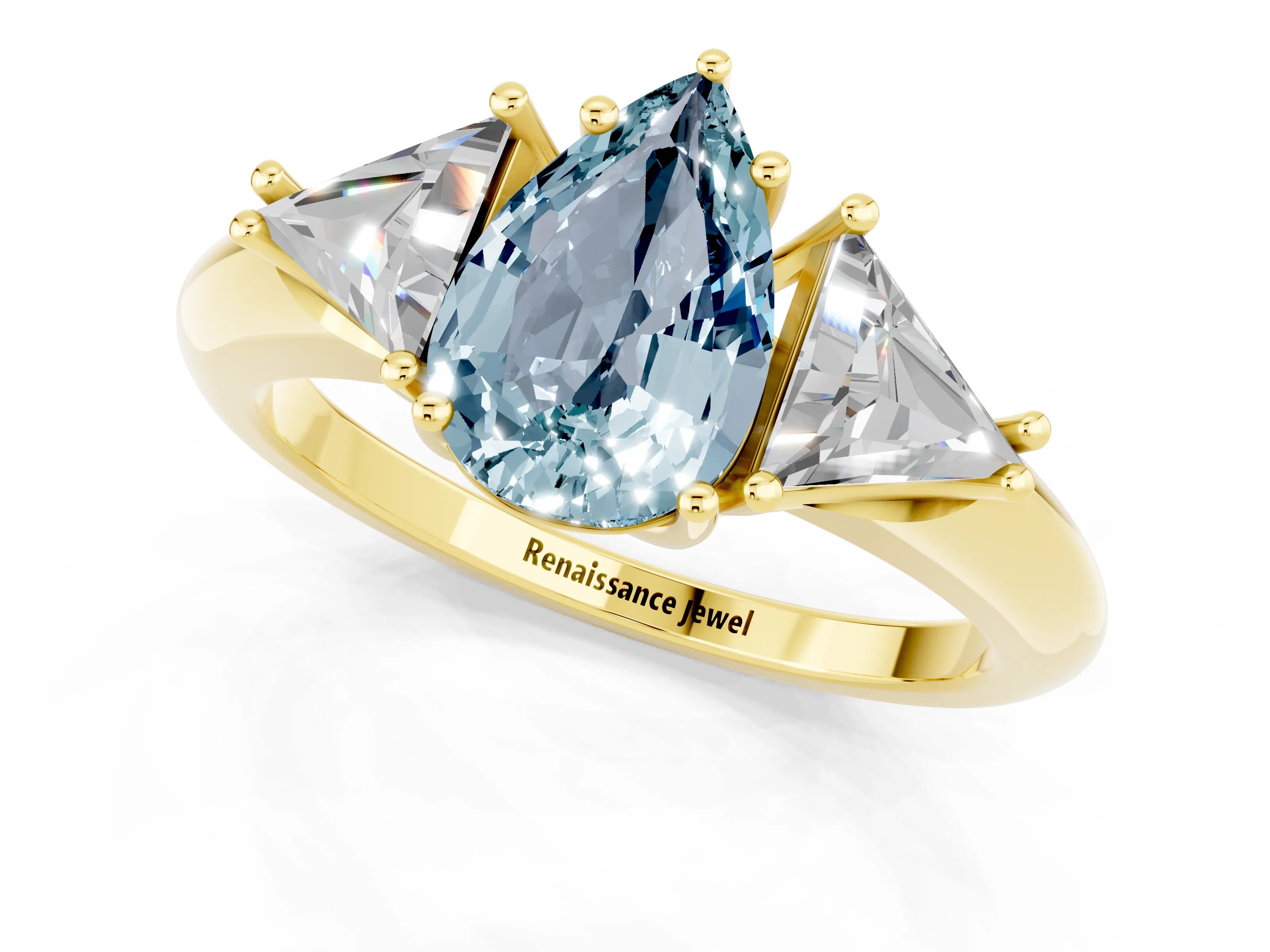 Yellow gold Three-Stone Pear Cut Cut Diamond Ring with Trillion Side Stones and Four-Prong Setting_1