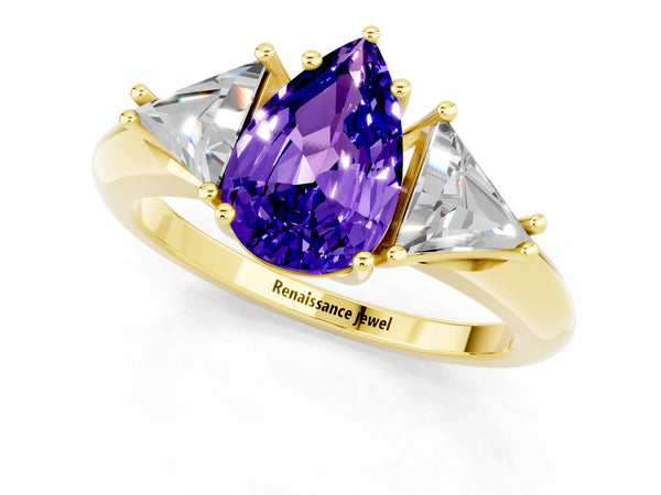 Yellow gold Three-Stone Pear Cut Tanzanite Engagement Ring with Trillion Side Stones and Prong Setting