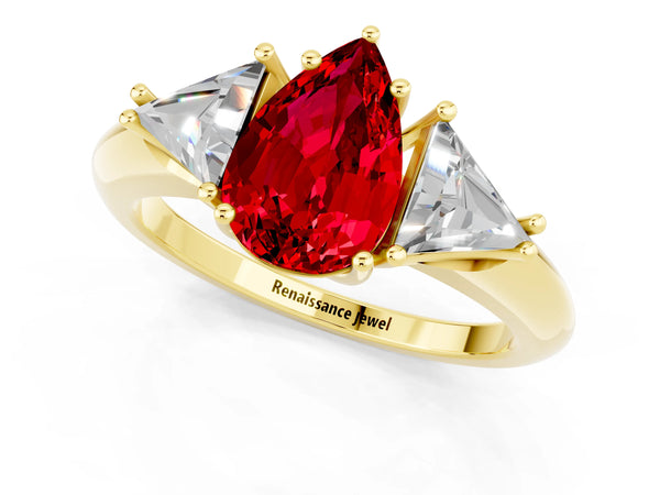 Yellow gold Three-Stone Pear Cut Cut Diamond Ring with Trillion Side Stones and Four-Prong Setting