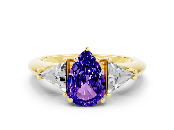 Yellow gold Three-Stone Pear Cut Tanzanite Engagement Ring with Trillion Side Stones and Prong Setting