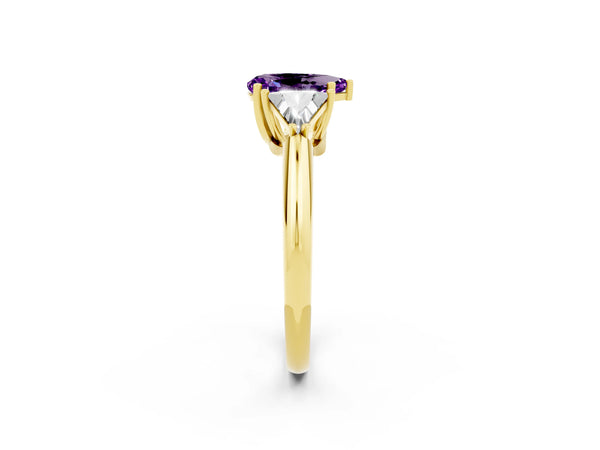 Yellow gold Three-Stone Pear Cut Amethyst Engagement Ring with Trillion Side Stones and Prong Setting
