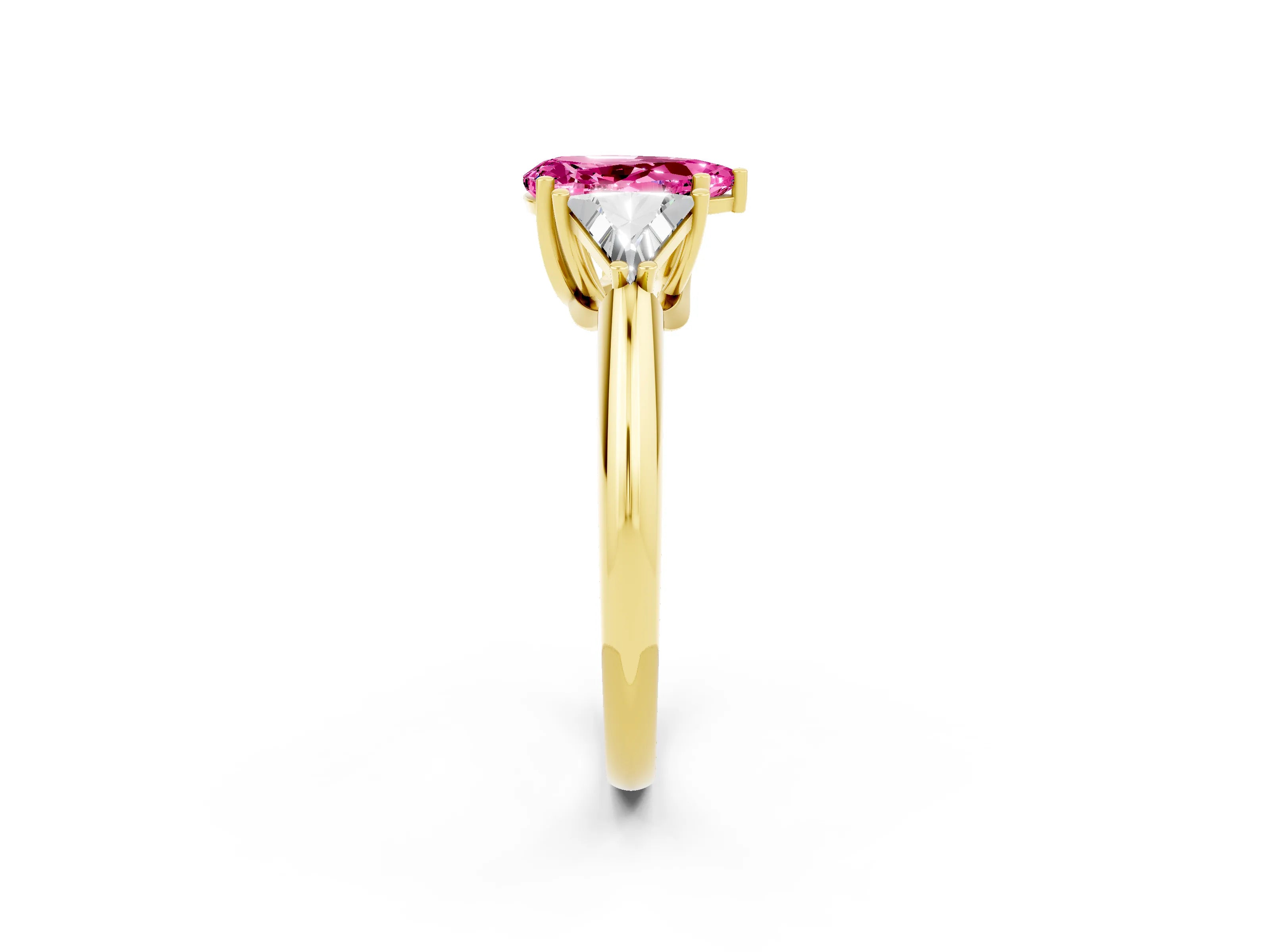 Yellow gold Three-Stone Pear Cut Cut Diamond Ring with Trillion Side Stones and Four-Prong Setting_2