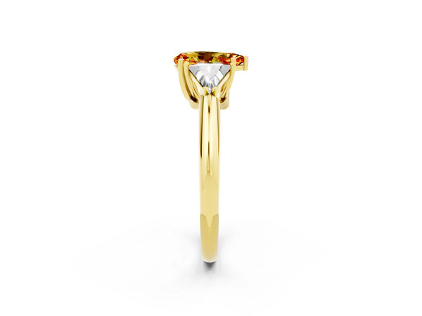 Yellow gold Three-Stone Pear Cut Citrine Engagement Ring with Trillion Side Stones and Prong Setting