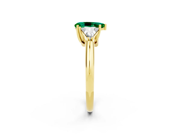 Yellow gold Three-Stone Pear Cut Emerald Engagement Ring with Trillion Side Stones and Prong Setting