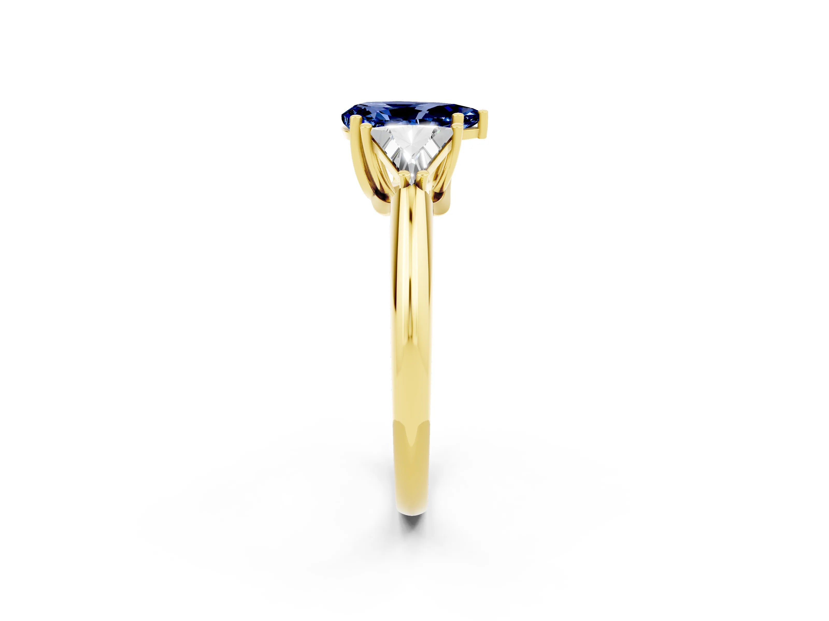 Yellow gold Three-Stone Pear Cut Cut Diamond Ring with Trillion Side Stones and Four-Prong Setting_2