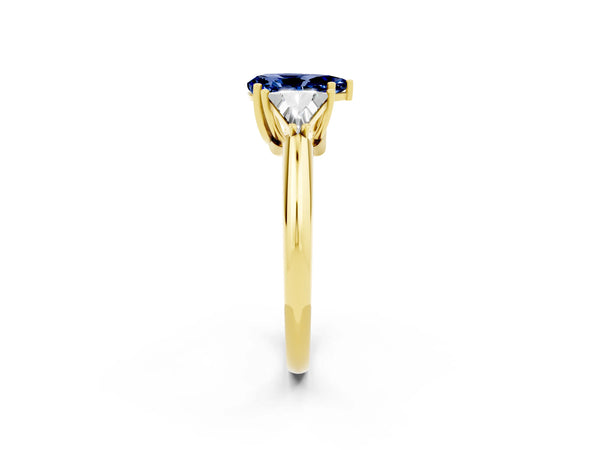 Yellow Gold Pear-Shaped Lab-Grown Blue Sapphire Trillion Three Stone Engagement Ring
