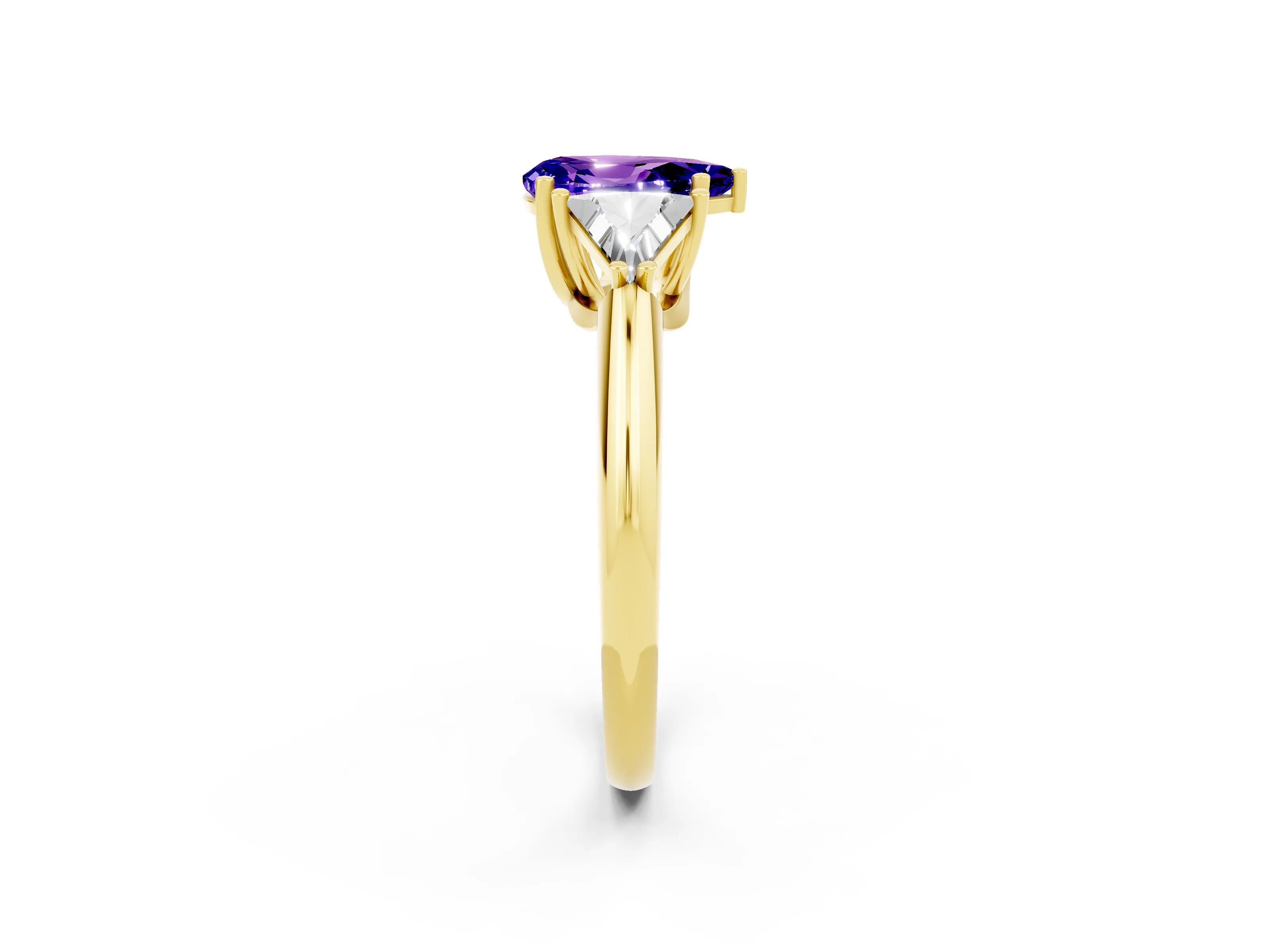 Yellow gold Three-Stone Pear Cut Cut Diamond Ring with Trillion Side Stones and Four-Prong Setting_2