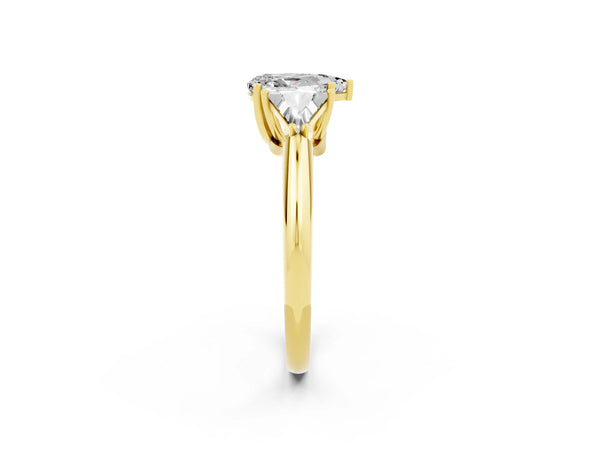 Yellow gold Three-Stone Pear Cut Moissanite Engagement Ring with Trillion Side Stones and Prong Setting