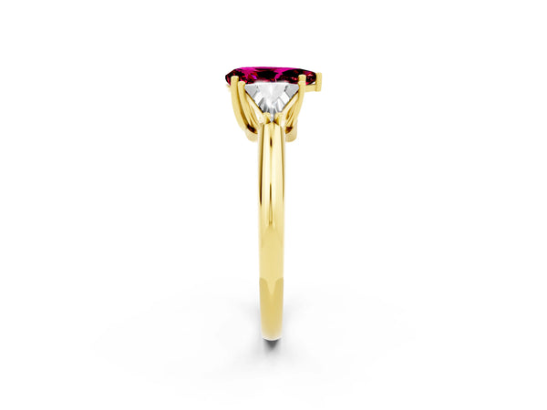 Yellow gold Three-Stone Pear Cut Garnet Engagement Ring with Trillion Side Stones and Prong Setting