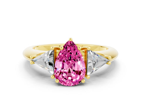 Yellow gold Three-Stone Pear Cut Cut Diamond Ring with Trillion Side Stones and Four-Prong Setting