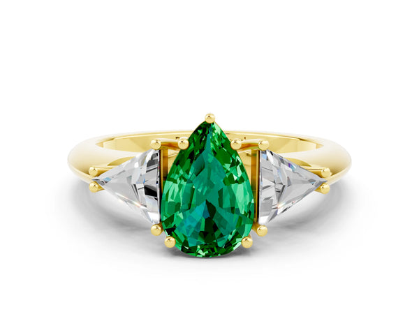 Yellow gold Three-Stone Pear Cut Emerald Engagement Ring with Trillion Side Stones and Prong Setting