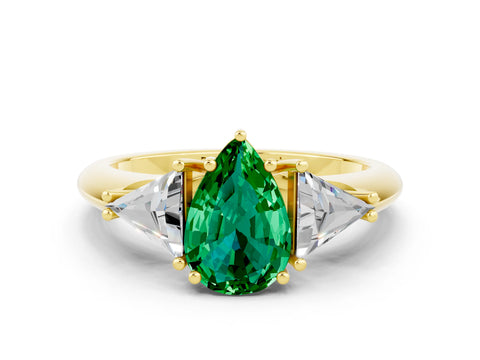 Yellow gold Three-Stone Pear Cut Cut Diamond Ring with Trillion Side Stones and Four-Prong Setting