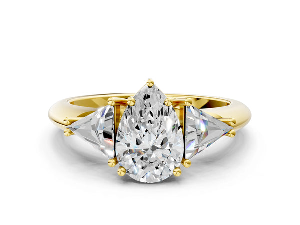 Yellow gold Three-Stone Pear Cut Cut Diamond Ring with Trillion Side Stones and Four-Prong Setting