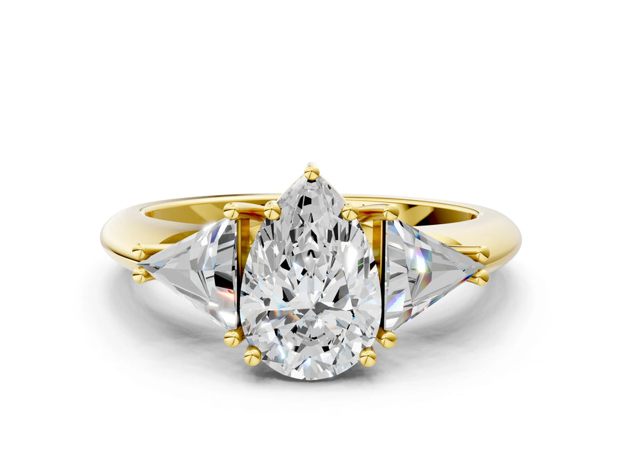 Yellow gold Three-Stone Pear Cut Cut Diamond Ring with Trillion Side Stones and Four-Prong Setting