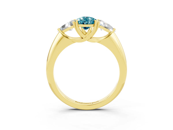 Yellow gold Three-Stone Pear Cut Cut Diamond Ring with Trillion Side Stones and Four-Prong Setting