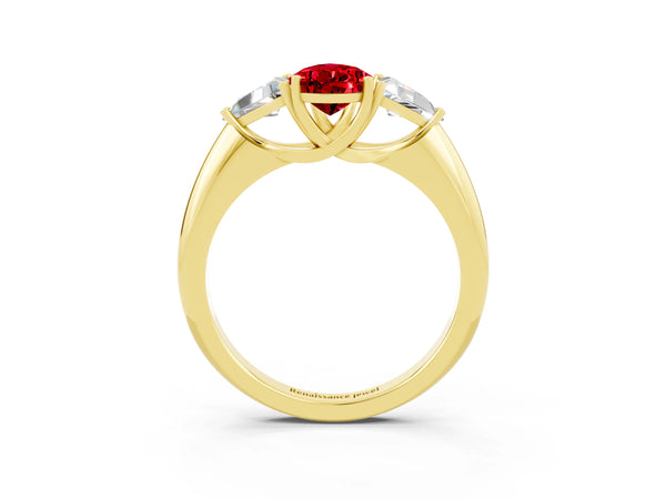 Yellow gold Three-Stone Pear Cut Cut Diamond Ring with Trillion Side Stones and Four-Prong Setting