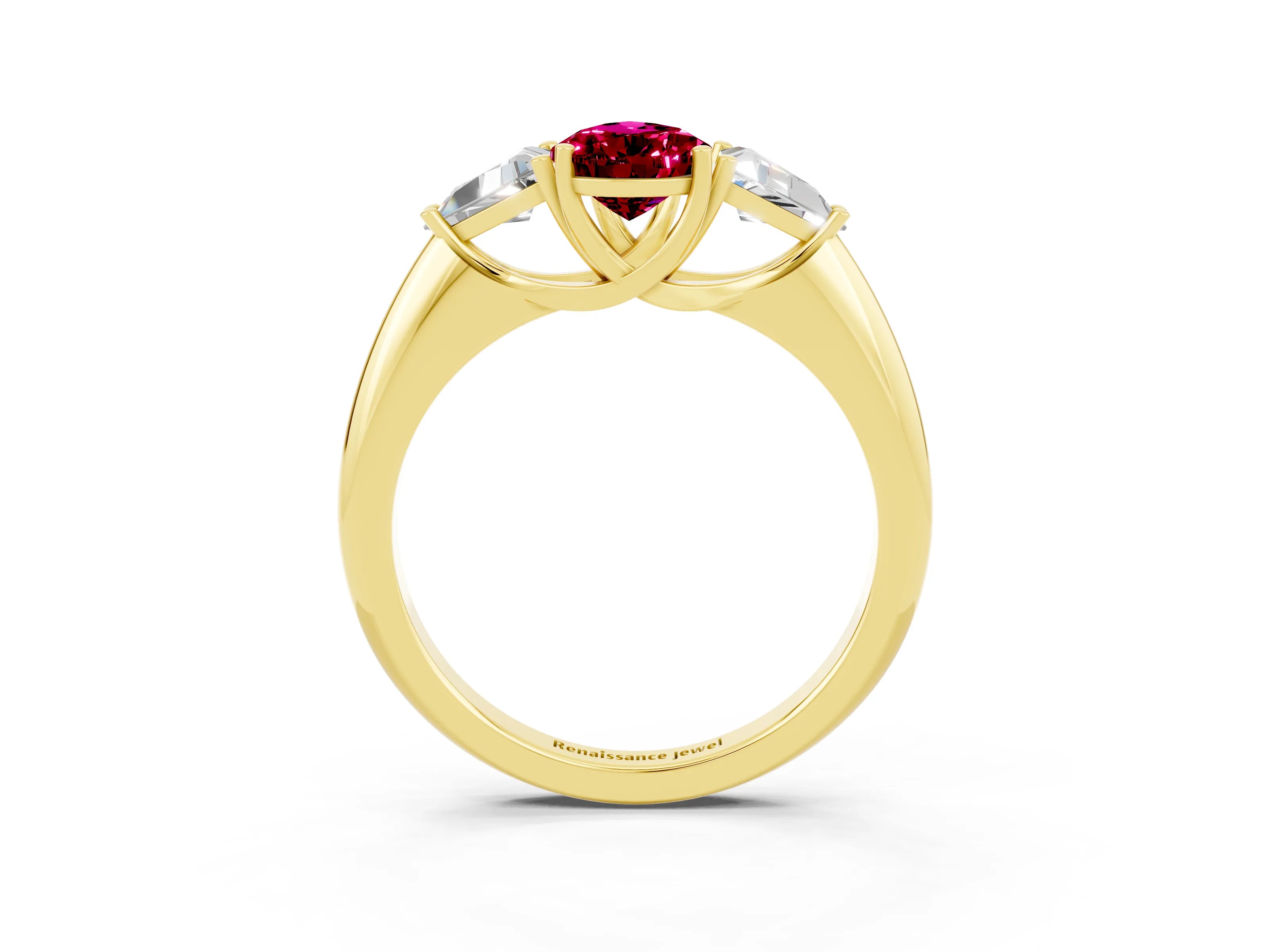 Yellow gold Three-Stone Pear Cut Cut Diamond Ring with Trillion Side Stones and Four-Prong Setting_3