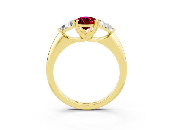 Yellow gold Three-Stone Pear Cut Garnet Engagement Ring with Trillion Side Stones and Prong Setting