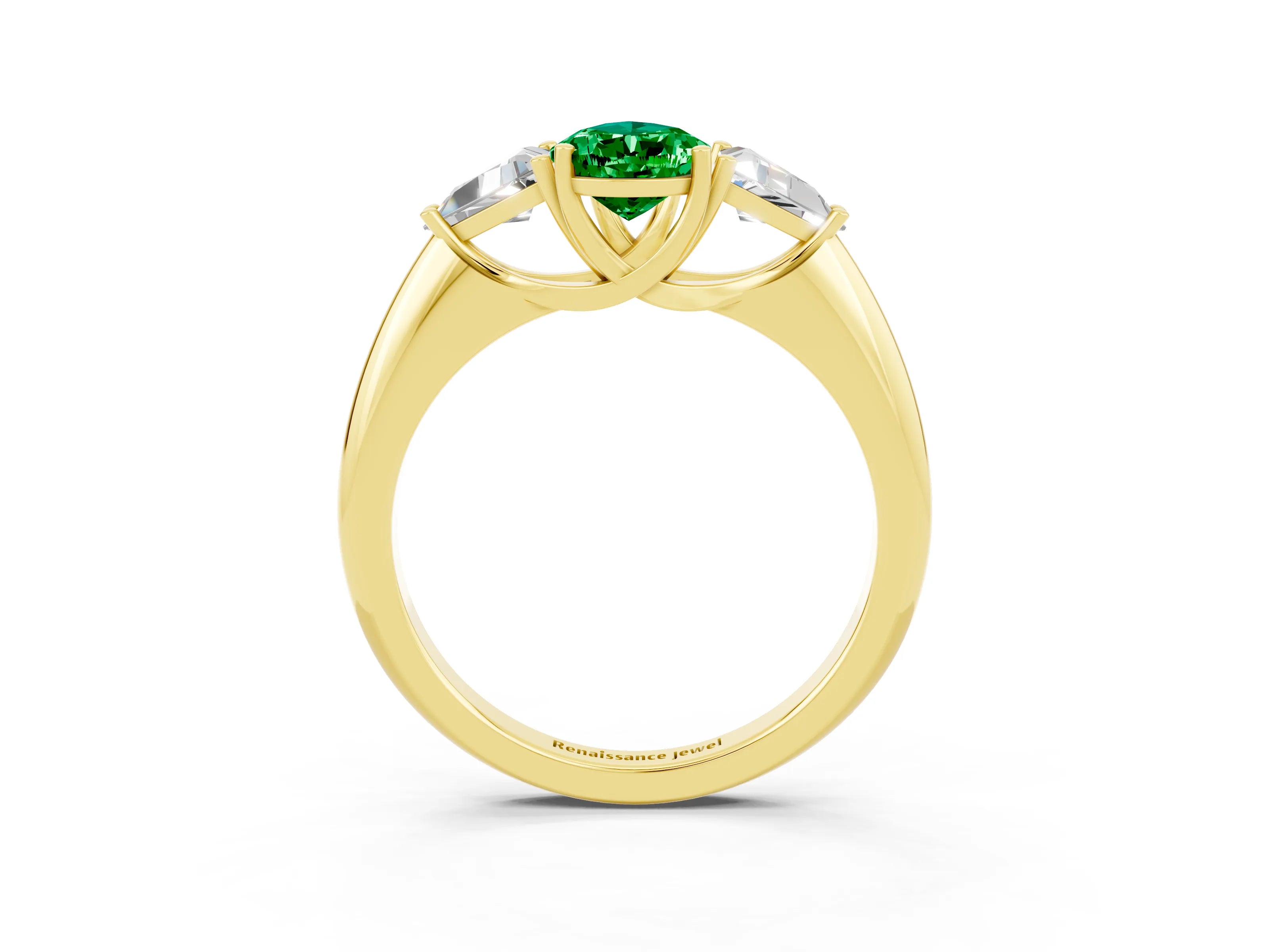 Yellow gold Three-Stone Pear Cut Cut Diamond Ring with Trillion Side Stones and Four-Prong Setting_3