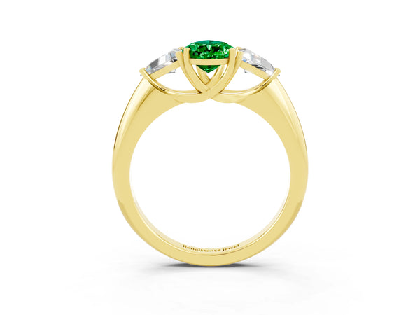 Yellow gold Three-Stone Pear Cut Emerald Engagement Ring with Trillion Side Stones and Prong Setting
