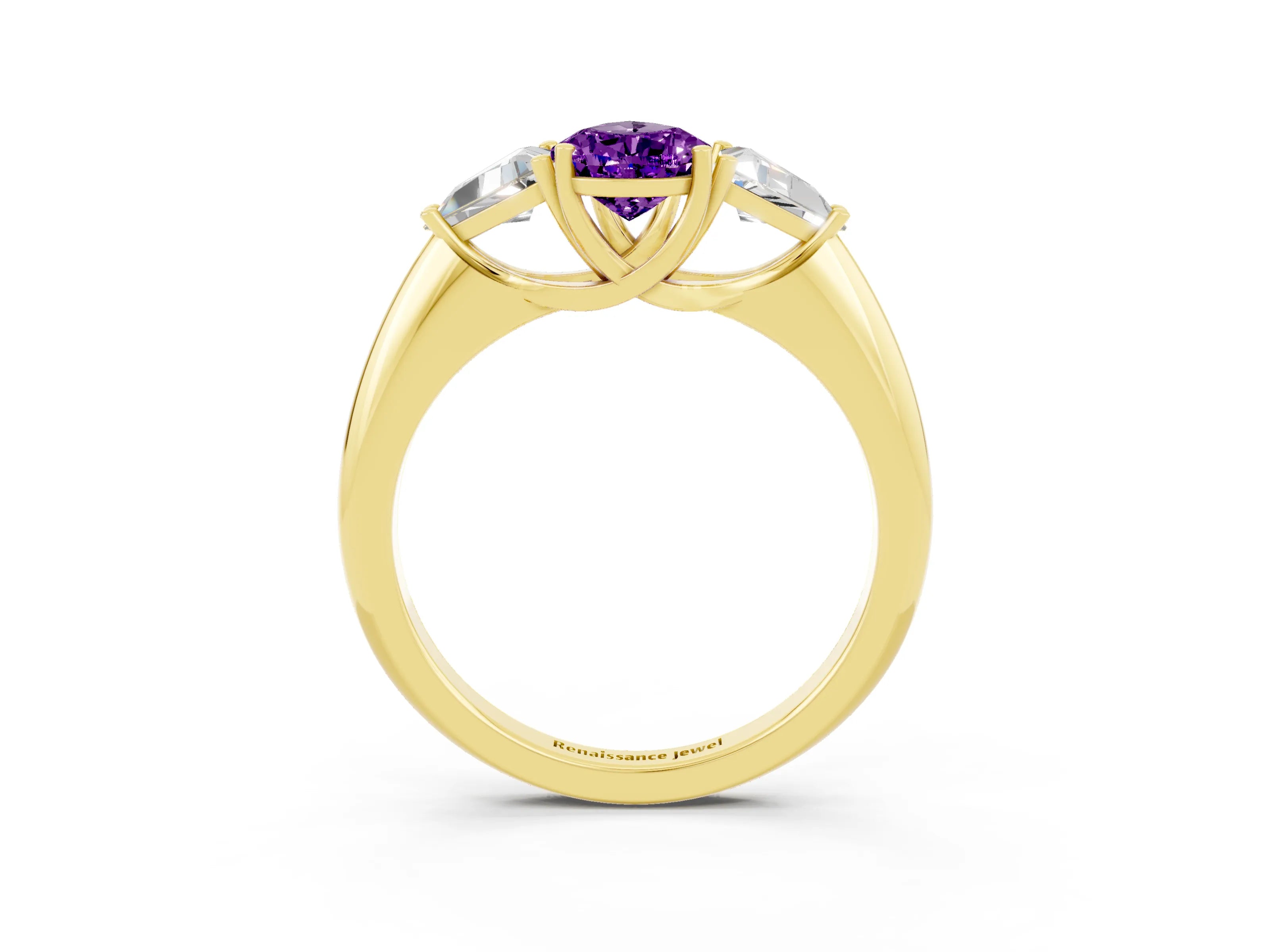 Yellow gold Three-Stone Pear Cut Cut Diamond Ring with Trillion Side Stones and Four-Prong Setting_3
