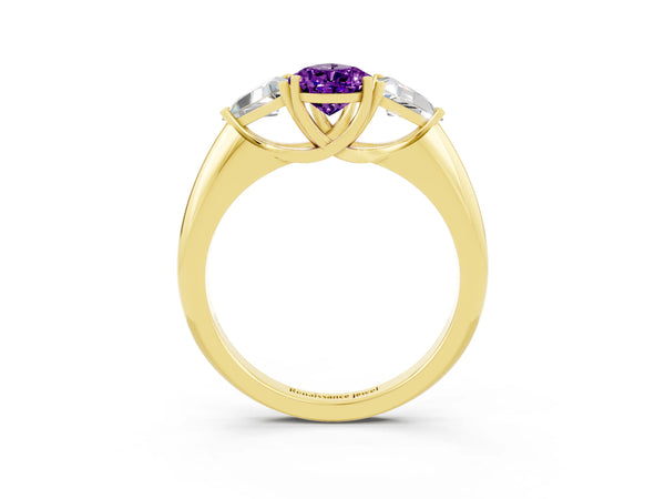 Yellow gold Three-Stone Pear Cut Amethyst Engagement Ring with Trillion Side Stones and Prong Setting