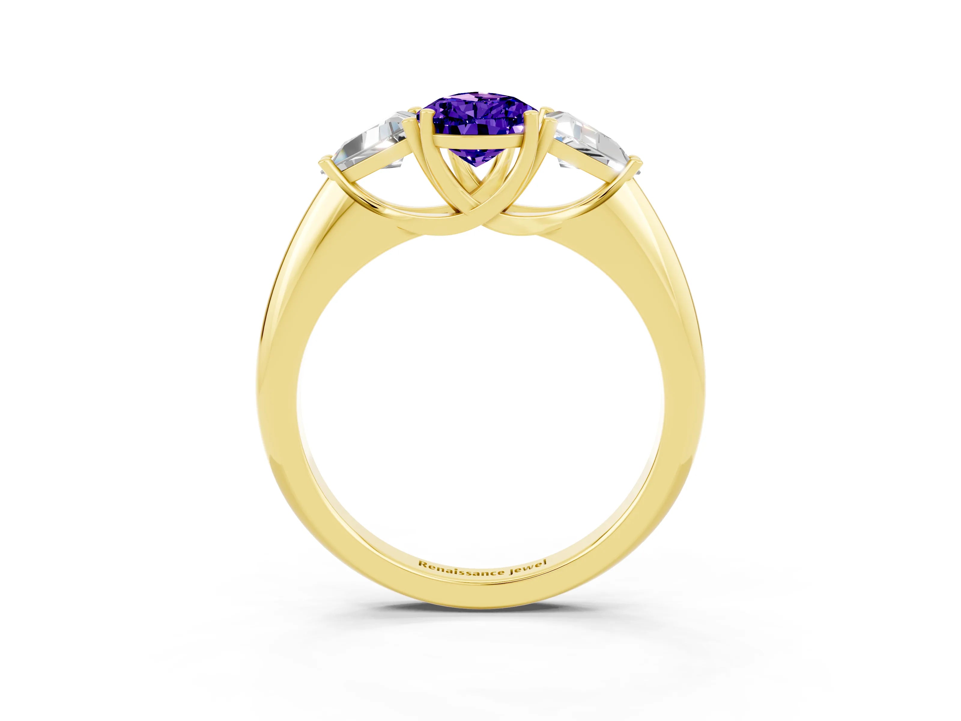 Yellow gold Three-Stone Pear Cut Cut Diamond Ring with Trillion Side Stones and Four-Prong Setting_3