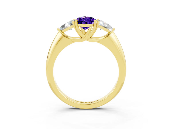 Yellow gold Three-Stone Pear Cut Tanzanite Engagement Ring with Trillion Side Stones and Prong Setting