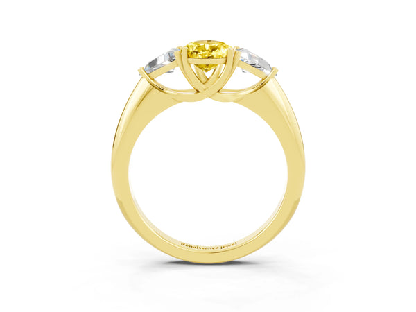 Yellow gold Three-Stone Pear Cut Yellow Sapphire Engagement Ring with Trillion Side Stones and Prong Setting