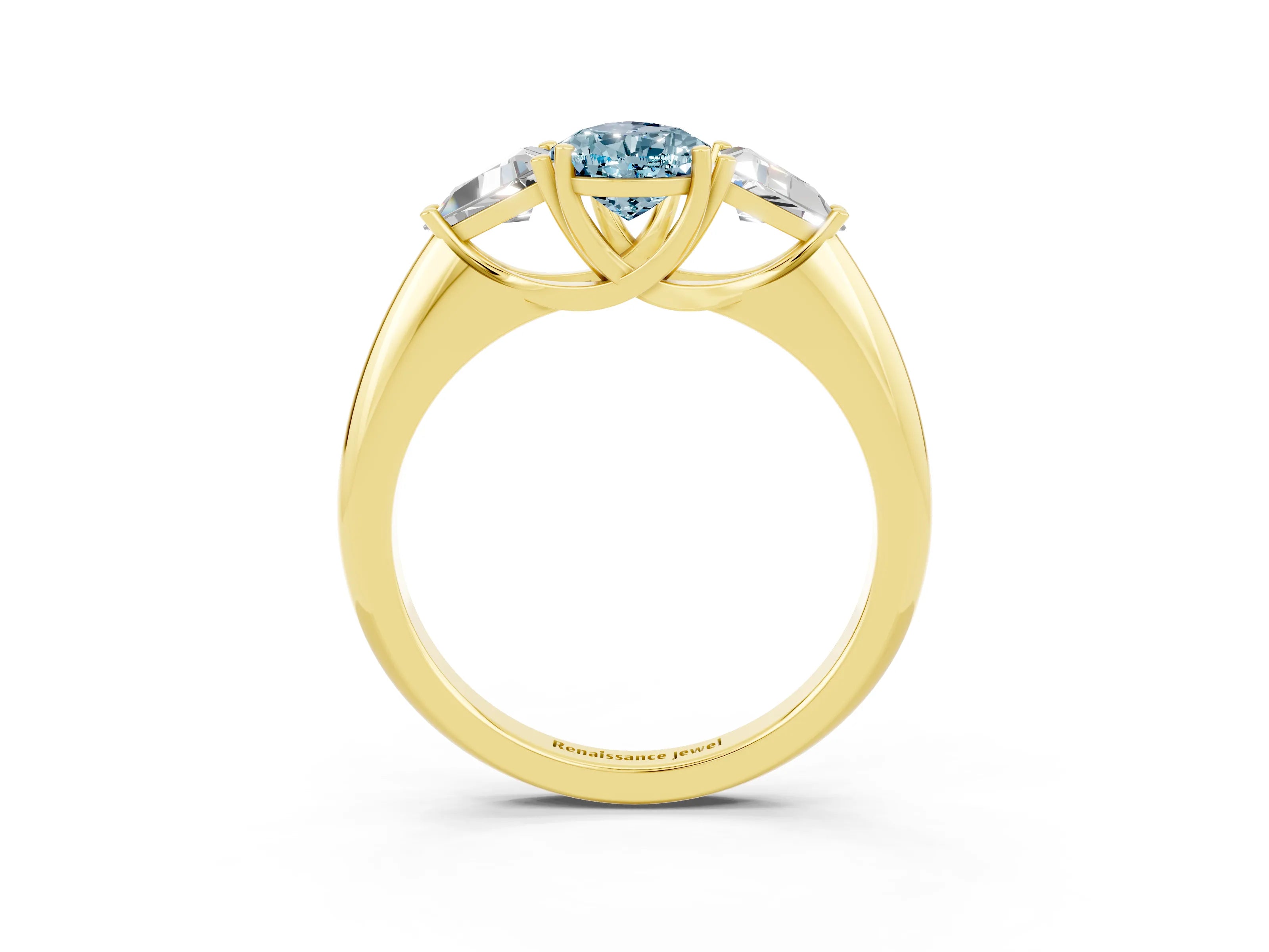 Yellow gold Three-Stone Pear Cut Cut Diamond Ring with Trillion Side Stones and Four-Prong Setting_3