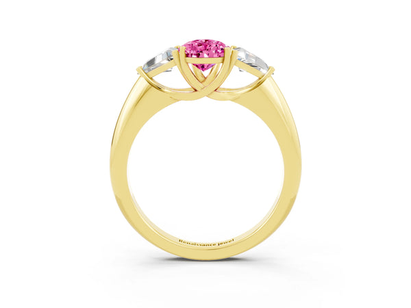 Yellow Gold Pear-Shaped Lab-Grown Pink Sapphire Trillion Three Stone Engagement Ring